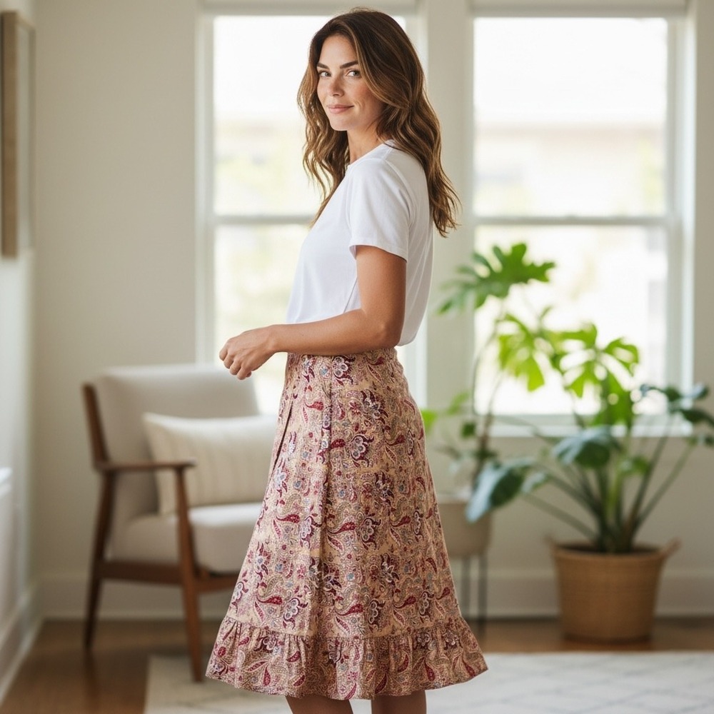 GAP Cotton Paisley Floral Ruffle Hem Midi Skirt Sz 12 Cottage Feminine Boho‎